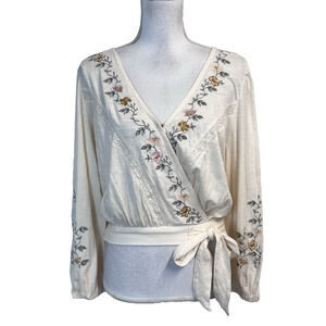 Lucky Brand Blouses Top sz Extra Small Ivory Floral Gold Embroidery Boho Peasant